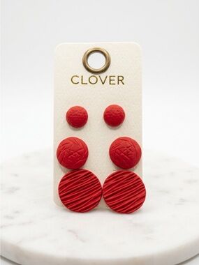 Clover Red Textured Stud Earrings Set 3 Pairs New Lightweight